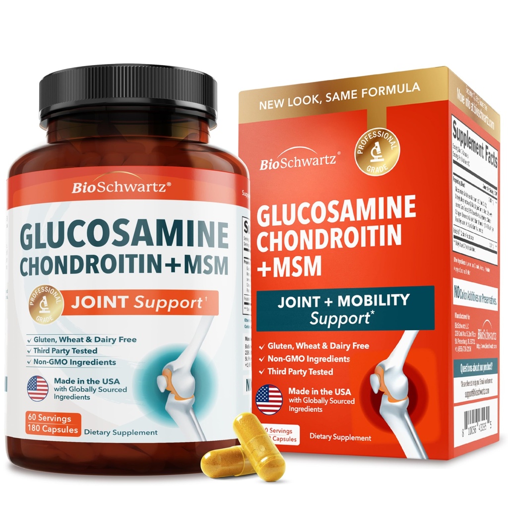 Glucosamin Chondroitin MSM Complement - Collagen Peptides, Turmeric dan Ginger, Acid Hyaluronic, Glucosamin Chondroitin Sulfate for Joint Comfort - Gluten Free, Non GMO, 180 Capsules