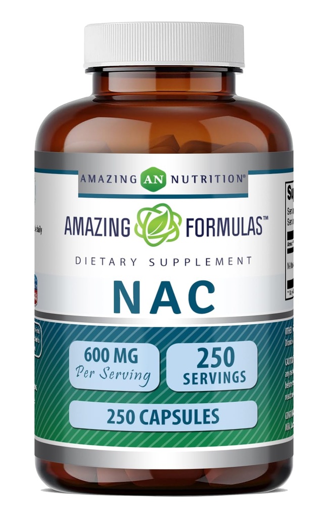 Amazing Formulas NAC (N-Acetyl-L-Cysteine) Supplement £124; 600 Mg per Serving 124; 250 Capsules 14; Non-GMO 124; Gluten Free 124; Dibuat di AS