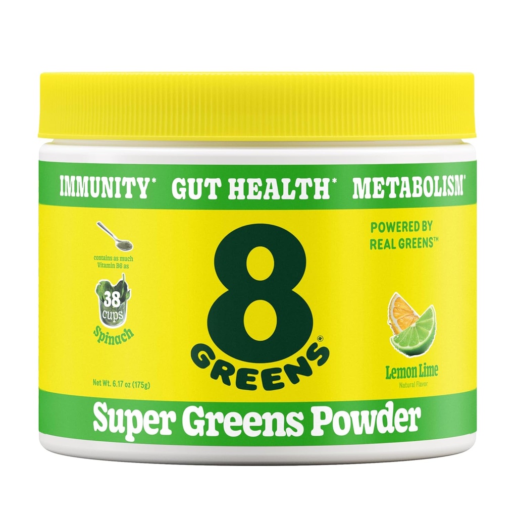 8Greens Super Greens Powder 124; Prebiotic & Probiotic Blend Superfoods for Gut Health, Metabolism, Debloating, with Fiber, Digetical Enzymes, Organic: Spirulina, Chlorella, Lemon Lime, 25 Customs