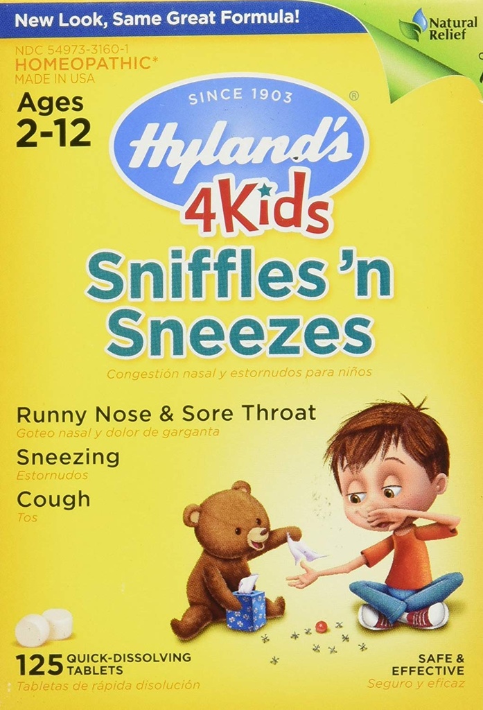 Zinc for Kids Ages 2 +, Cold Medicine Tablet, Hyland 's 4 Kids Sniffles n' Sneezes, Decongestant, Headache dan Sinus Relief, Perlakuan Alam untuk Allergy and Common Cold Symptoms, 125 Count