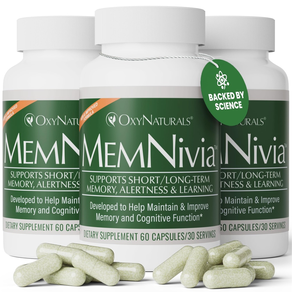 Suplemen Otak MemNivia untuk Memori & Focus 124; Sel Stems Dual- Sage Formula dengan Cognila, Bagosa, Basil Kudus & Ginger & Ginger 124; Cllinical Proven Mental Clarity Dukungan 124; 180 Capsules (3 Botol) Amerika Serikat Dibuat