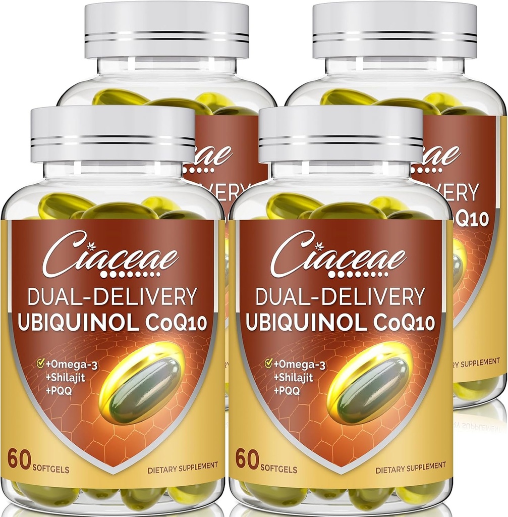 Ubiquinol CoQ10 600 MG Softgels dengan Omega-3 & Shilajit & PQQ, Advanced Dual Delivery - Q10, Aktif CoQ10 Ubiquinol Supportilitas, Antioksidant, Heart, Brain & Energy, 240 Servings