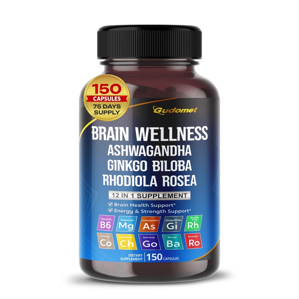 Brain Wellness Ginkgo Biloba Rhodiola Cordyceps Chamomile Ashwagandha Gou Kola Rosemary Holy Basil Black Pepper -150 Capsules- Dibuat di USA