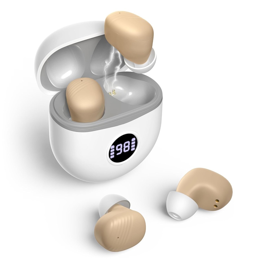 Penarikan Aids, Aids Penarikan yang Dapat Ditarakan Ulang Aids for Senior for Noise Cancelling, Small In Ear No Squealing Hearing Amplifier Update Maximum Gain 40dB dengan Oval Charging Case LED Tampilan, Beige