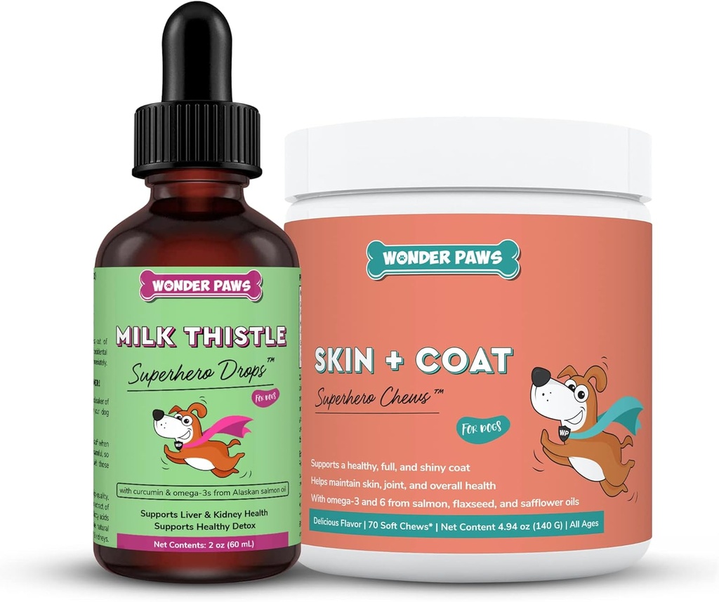 WONDER PAWS Milk Thistle Drops Plus Skin + Coat Soft Chews - for Dogs Liver and Ginjal Dukung, Detox & Skin and Coat Health - Milk Thistle 2 Ounces - Skin + Coat 70 Chews
