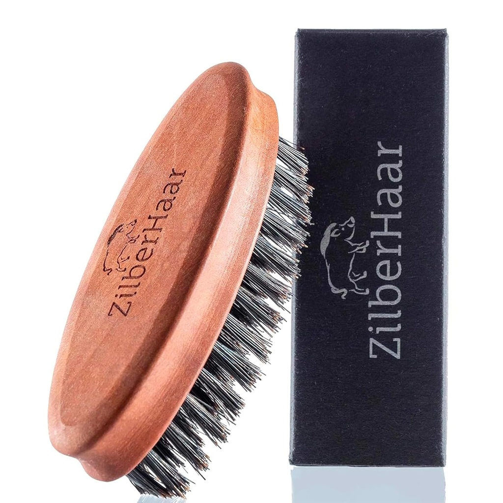 ZilberHaar Pocket Mustache and Beard Brush - Stiff Boar Bristles Small Brush - Perfect Beard Grooming Tool - Relieves beard itch - Short and Medium - Made in Eropa
