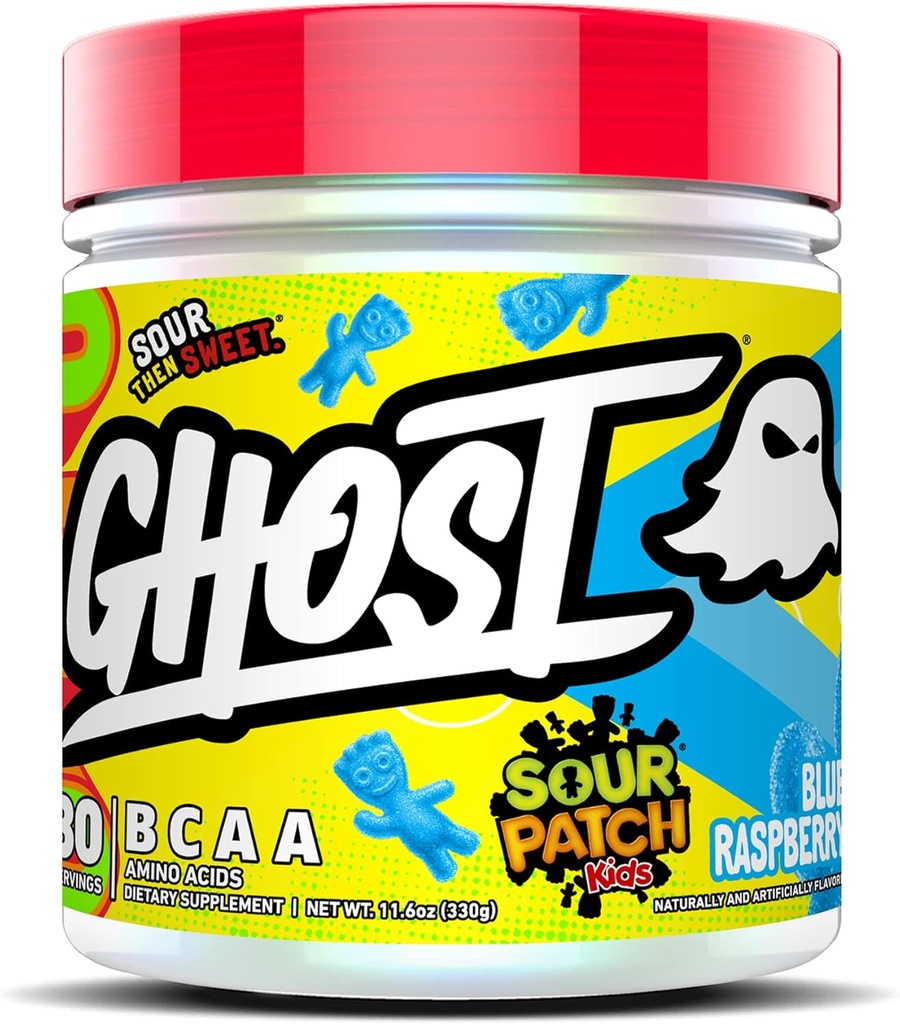 GHOST BCAA Powder Amino Acids Suplement, Sour Patch Kids Blue Raspberry - 30 Servings - Sugar- Free Intra, Post & Pre Workout Amino Pounder & Recovery Drinder, 7G BCAA