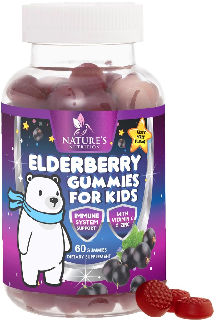 Anak-anak Hamilune Dukung Elderberry Gummies - Daily Children 's Vitamin C, Zinc & Kid Animation Dumi - Nature' s Sambucus Elderberry Suplemen, Vegan, Gluten- Free, Tasty Berry Flavor - 60 Gummies