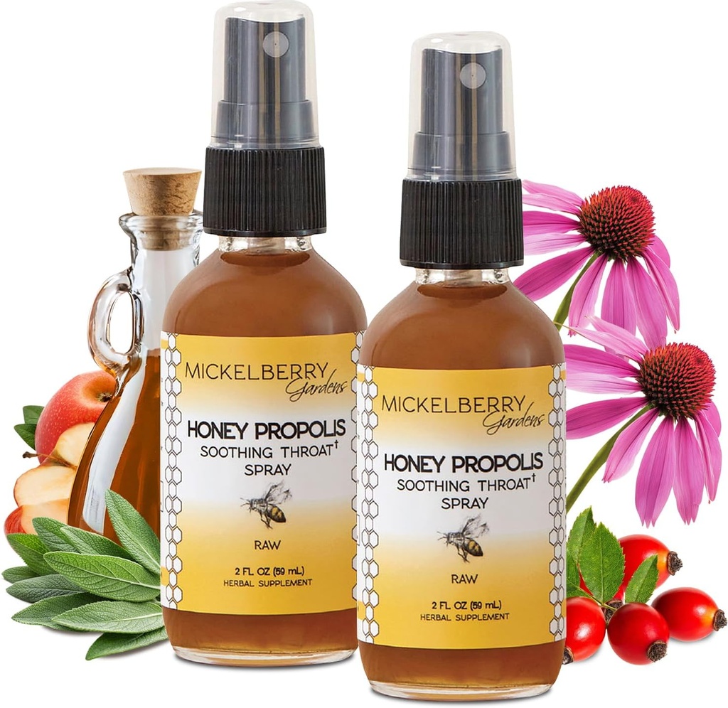 Mickelberry Gardens Honey Propolis Spray - Sooting Sore Throat Relief & Propolis Ammune Dukungan untuk orang dewasa & Anak-anak - Herbal & Honey Formula (2 oz, 2 Pack)