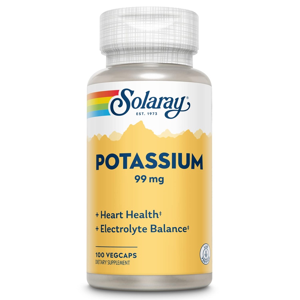 Solaray Potasium 99 mg - Electrolite Balance Formula - Potasium Suplemen untuk Electrolite, Vascular dan Heart Health Support - 60- Day Money Back Affitee, Lab Verified, 100 Servis, 100 VexCaps
