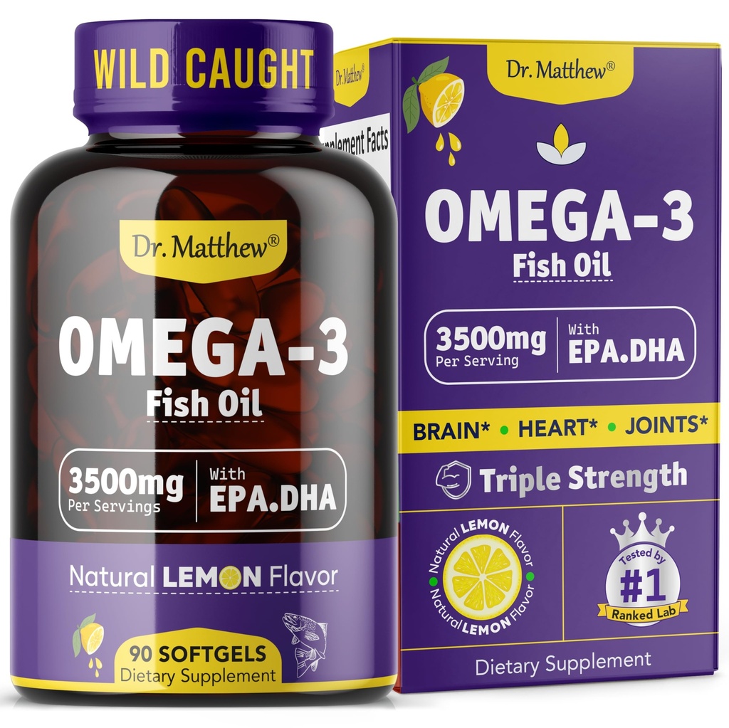 Omega-3 Minyak Ikan, 3500 mg, EPA & DHA Tinggi - Tanpa Rasa Ikan, Mudah ditelan, Burpless, Lemon Alami - Mendukung Jantung, Otak & Gabungan Kesehatan - 90 Softgels - Tertangkap Liar.
