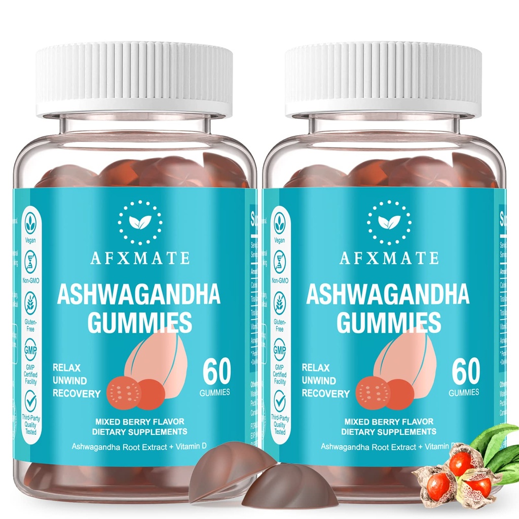 AFXMATE Ashwagandha Gummies & Vitamin D Gummies for Men & Women 120 Count Aswangdha Suplemen (Non-GMO, Sugar Free & Gluten Free)