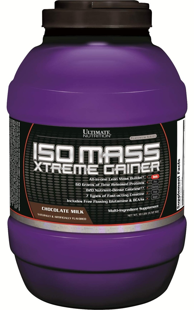Ultimate Nutrition ISO Mass Xtreme Gainer, Weight Gainer Protein Powder dengan Creatine, 60 Grams of Protein, Whiy Isolate Protein Powder for Lean Muscle Gain, 10 LBS with 30 Servings, Chocolate
