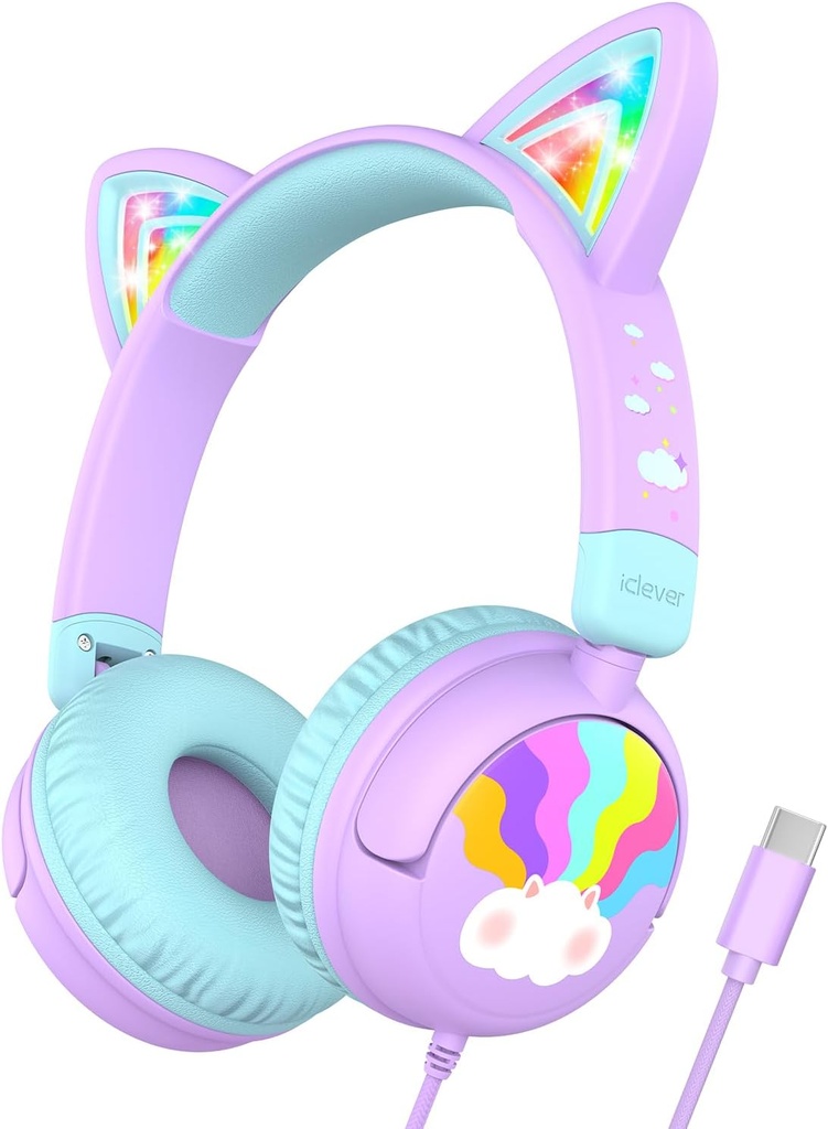 Headphone ISmart CLC, LED Light Up, Volume Aman 85dBA, Headphone Stereo Toddler untuk Travel School, Headphone Anak-anak dengan Cord untuk iPad Tablets, Meow Lollipop- Purple