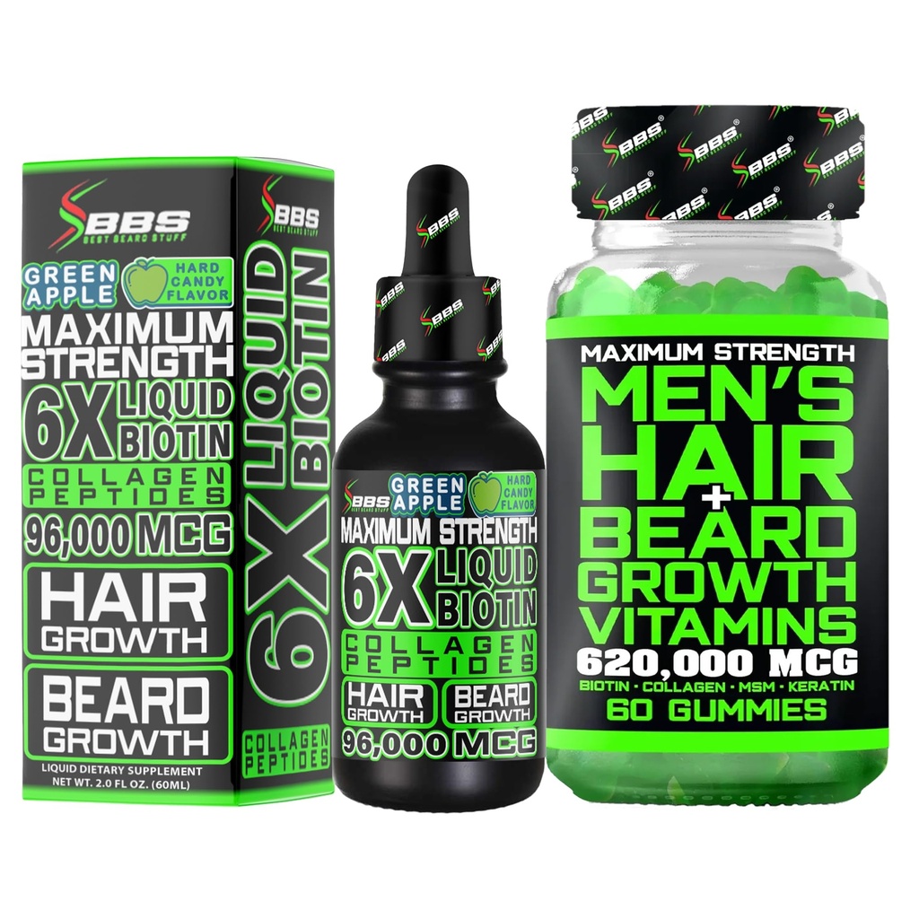 Beard Growth Kit w / 6X Liquid BiOTIN Suplemen dengan Collagen Peptides + 620 mcg 14 -1 BIOTIN Gummies / Beard Growth Vitamin & Hair Growth untuk Men - Formulated di Amerika