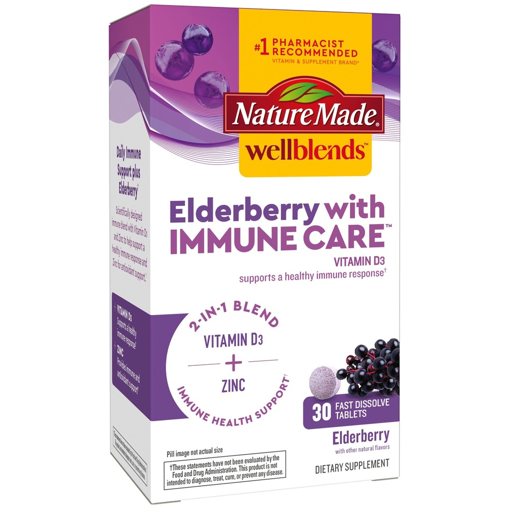 Alam Made Wellblends Elderberry dengan ImmuneCare, Vitamin D3 dan Zinc, dengan Elderberry Flavor, 30 Fast Dissolve Tablet