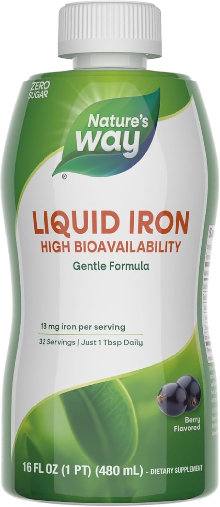 Nature 's Way Liquid Iron, 100% Daily Value, 18 mg Iron sebagai Ferric Glycinate per Serving, No Sugar Added, Berry Flavored, 16 Fl Oz (Packating May Vary)