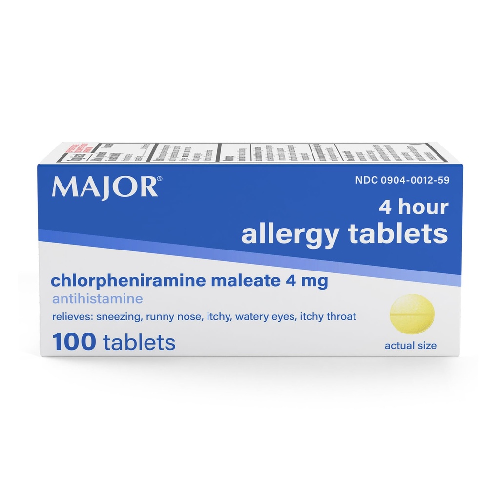MAJOR 4 Mg Allergy Tablet - Chlorpheniramine Maleatte 4-Hour Algergy Medicine - Antihistamin for Relief of Sneezing, Itchy Watery Eyes, Itchy Throat, and Runny Nose - 100 Count (1 Pack)