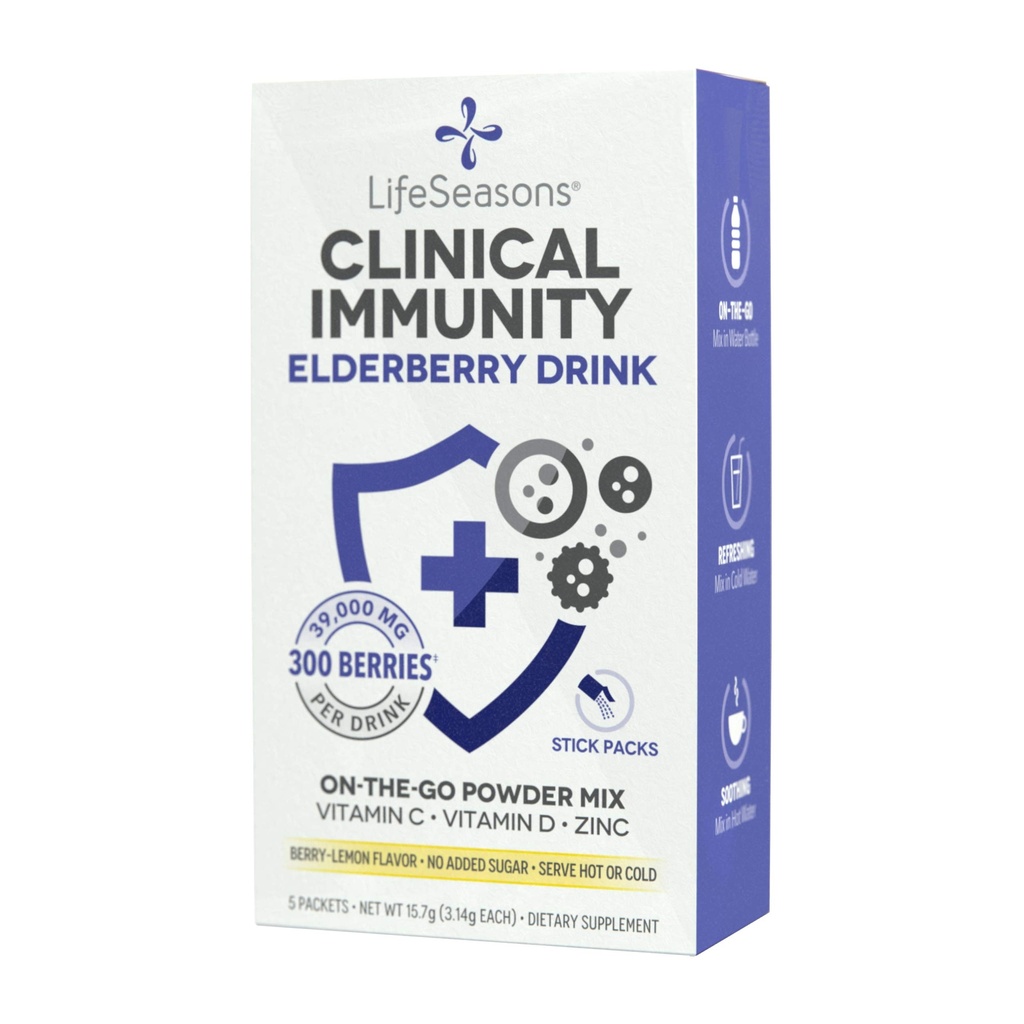 LifeSeasons Clinical Imunity - Elderberry Drink Mix - Protect for Healthy Ammune Response - Imunity Booster - 3X Better than Vitamin C - Serve Hot atau Cold - Vitamin C + D + Zinc - (5 Pack)