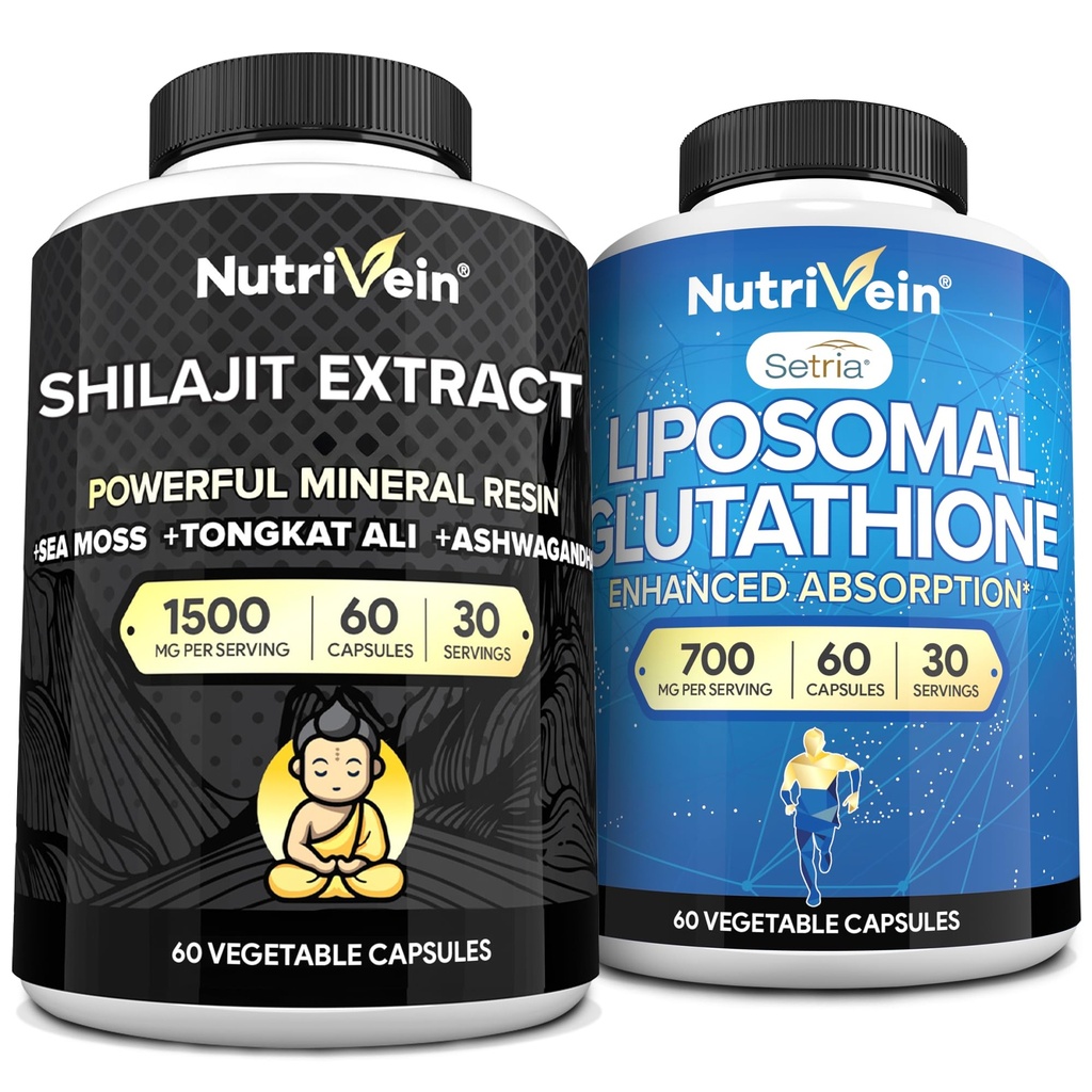 Nutrivein Premium Shilajit Capsules & Lipomal Glutathione Supplement Bundle: Glutathione Absorpsi Lipomal & Shilajit Capsules for Men & Women & Women - Liver, Detox, & Vitalitas