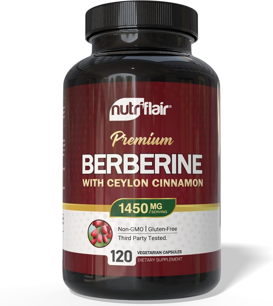NutriFlair Berberine dengan Cinnamon Ceylon 1450mg Suplemen - 120 Capsules 124; Potacy Tinggi Formula dengan Berberine HCI & Organic Ceylon Cinnamon 124; Non-GMO, Vegan, Gluten- Bebas