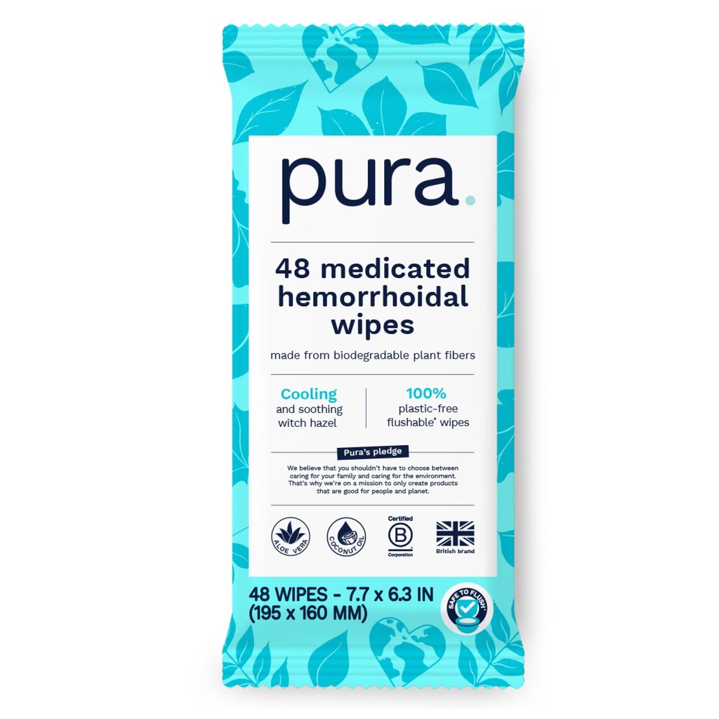Pura Flasrible Heemorhoid Wipes XL, 48 Count, Diobati dengan Cooling Witch Hazel, Aloe & Coconut Oil, Fast Relief, Fragrance- Free, 100% Plastic- Free