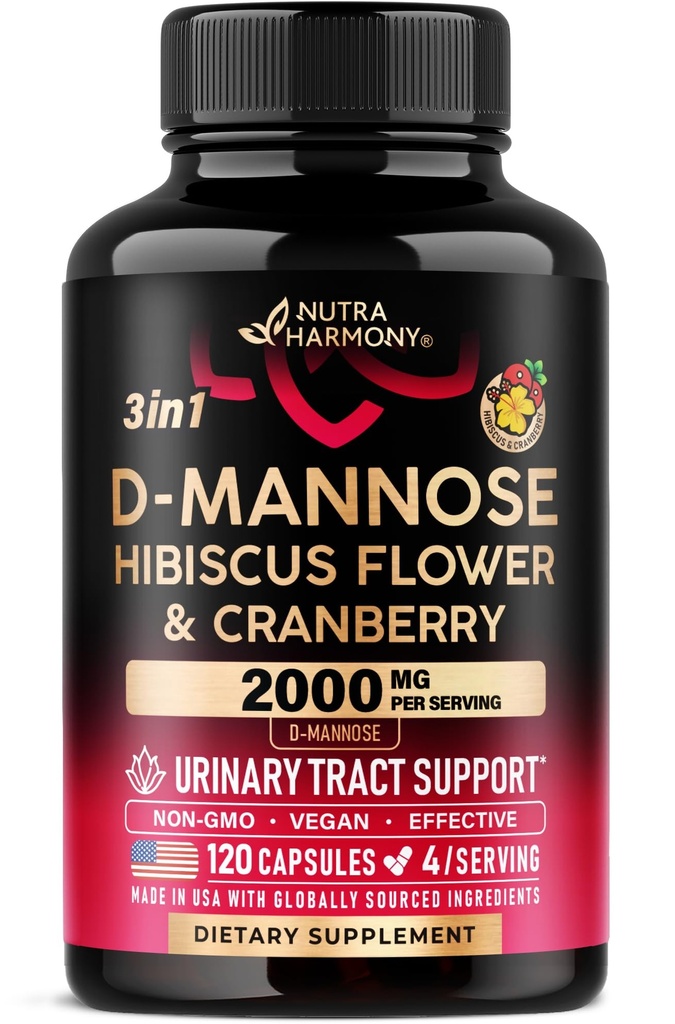 D-Mannose 2000mg dengan Cranberry & Hibiscus - Clinically Teruji Kekuatan untuk Kesehatan Ratapan Uriner - Suplemen Perempuan - Bladder, Pengaman & Microflora Dukungan - Dibuat di USA - Vegan, 120 Kapsul