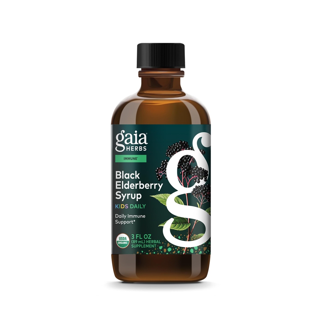 Gaia Herbs GaiaKids Black Elderberry Syrup - Delicious Imune Support for Kids - with Organic Black Elderberry and Honey - USDA Certified - 3 Fl Oz