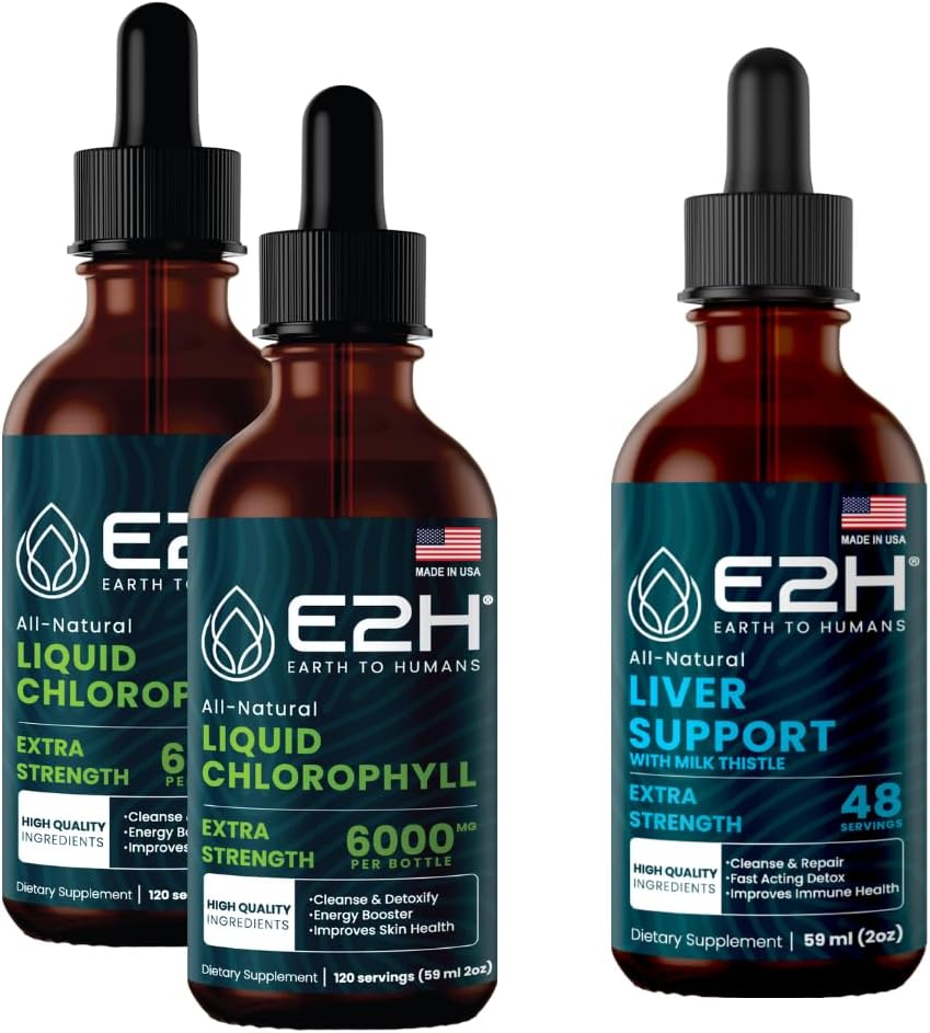 E2H: Chlorofil Liquid Drops (2 Pack - 4 Fl Oz) dan Tambahan Dukungan Liver (Single Bottle - 2 Fl Oz) Alag 124; Vegan, Non- GMO - (6 Fl Oz Total) - Bundle