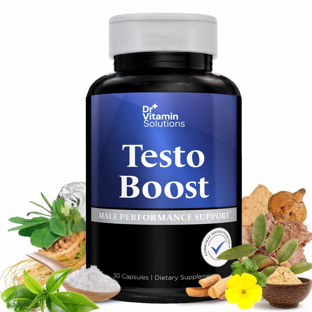 DR VITAMIN SOLUTIONS Testo Boost Suplement for Men - Stamina, Endurance & Energy Enhancement - Male Testosteron Booster w / Fenugreek, Tribulus Ali, Tongkat Ali, Horny Goat Weed - 30 Capsules