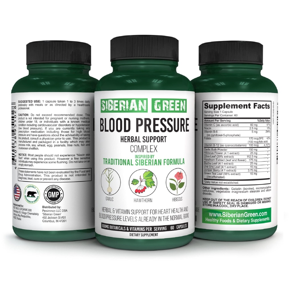 Siberian Green Blood Cardio Pressure Herbal - Hawthorn, Hibiscus, Garlic - 60 Capsules - Tradisional Siberia Formula