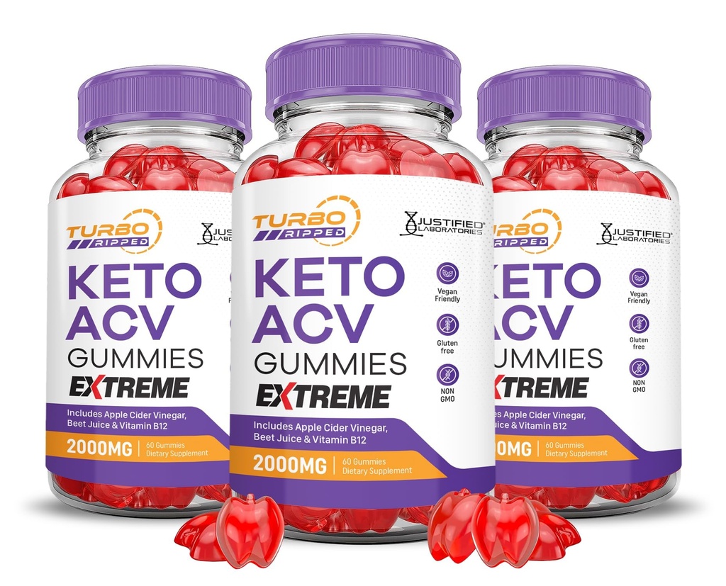 (3 Paket) Turbo Ripped Keto ACV Gummies Ekstrim 2000MG Turbo Ripped Keto Gummies Apple Cider Formulated dengan Powder Beet Juice B12 Vegan Non GMO 180 Gummys