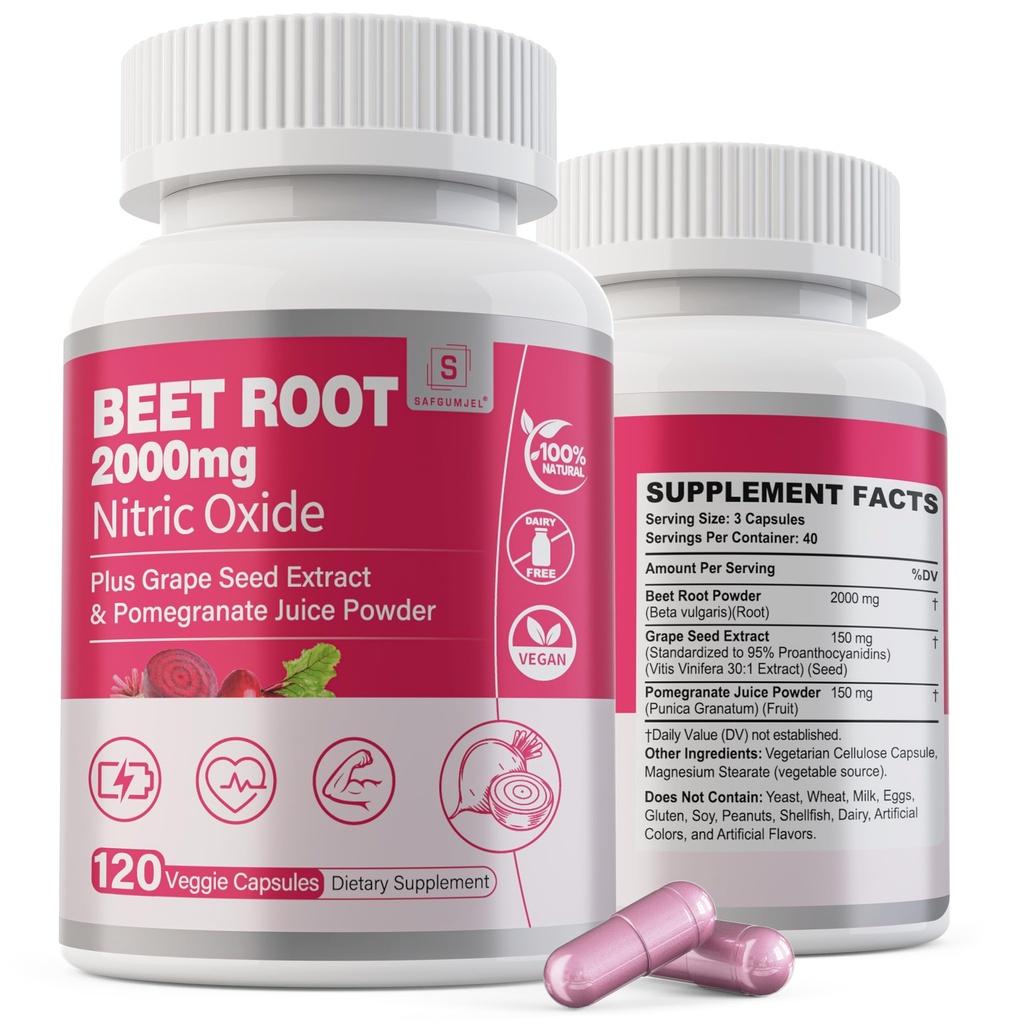 Beet Root Capsules 2000mg Nitric Oxide Suplemen / Grape Seed Extract Extract Circulation & Blood Flow, Energy for Men / Women, Organic Beetroot Powder, Non GMO, 240 Counts