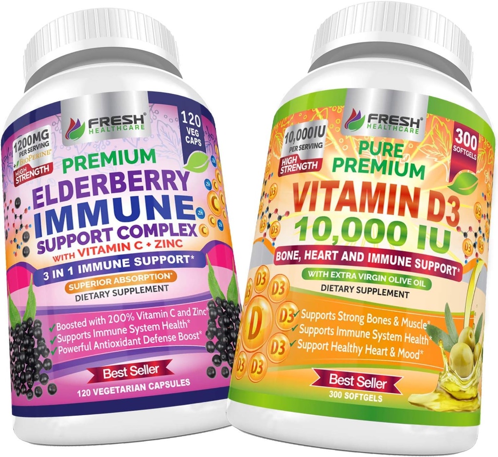 FRESH HEALTHCARE Elderberry Immune Dukungan dan Vitamin D3 10.000 IU - Bundle