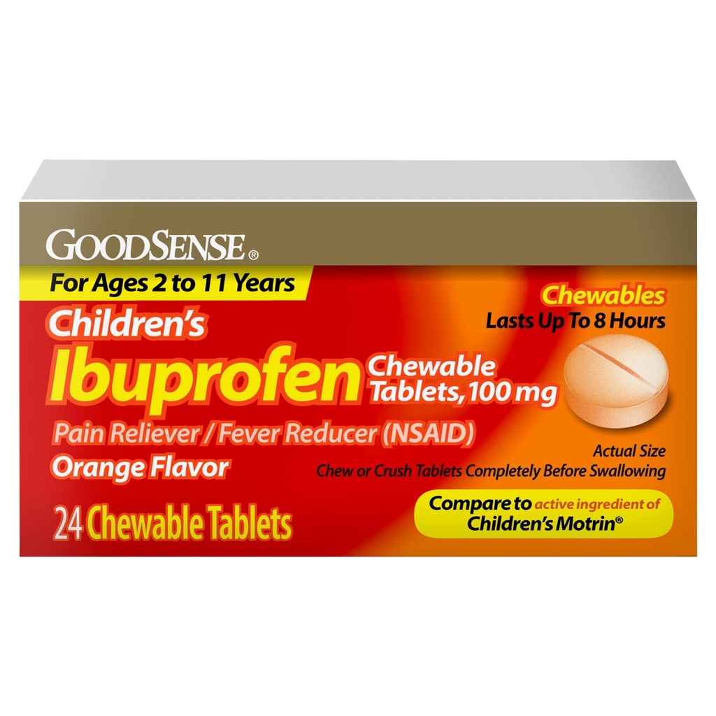 GoodSense Children 's Ibuprofen Chewable Tablet, 100 mg, 24 Count, Pain Reliever and Fever Reducer (NSAID), Temporly Reduces Fever and Relieves Minor Aches and Pain
