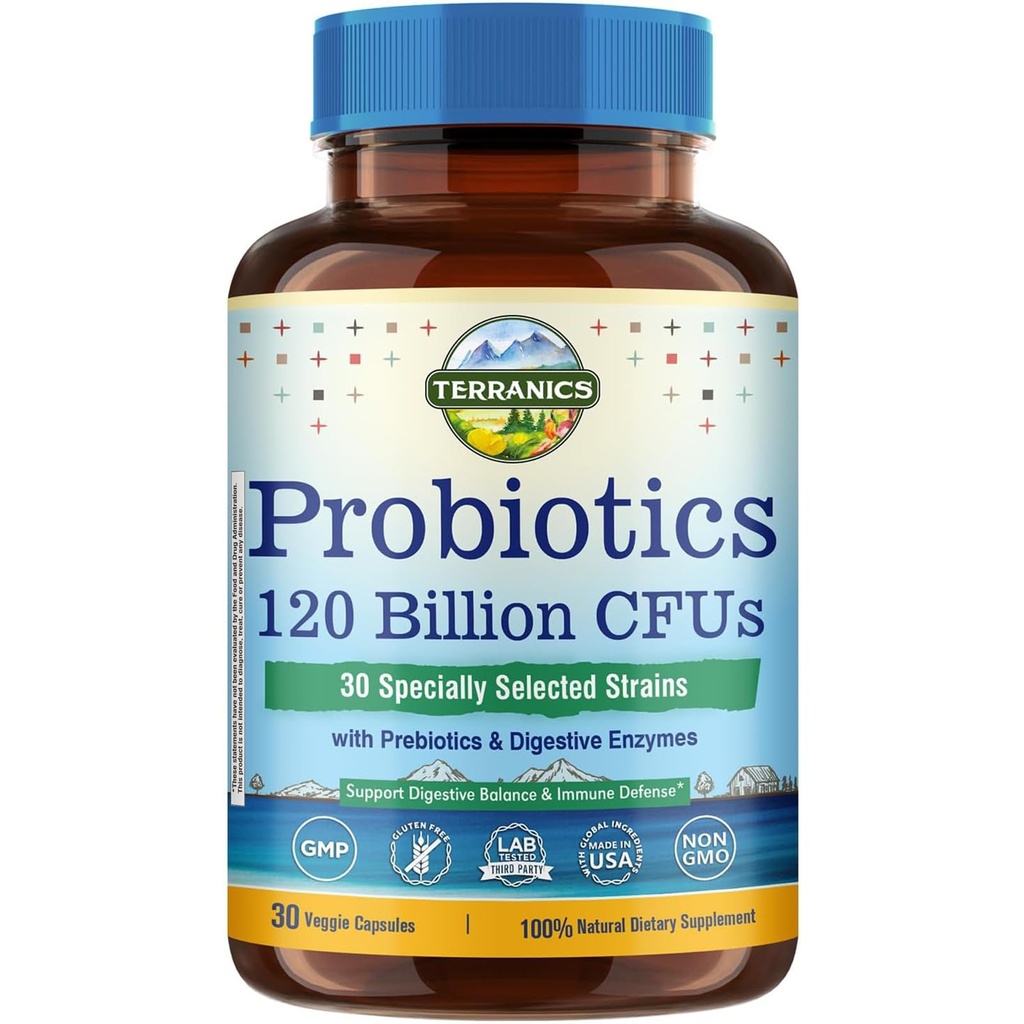 Terranics Probillion 120 miliar dengan Enzymes Pregésical & Digetical, 30 Teresting Strains, Custable Lengkap & Imune, Non-GMO, NO Soy, Dairy & Gluten, untuk Pria dan Perempuan, 30 veggie capsules