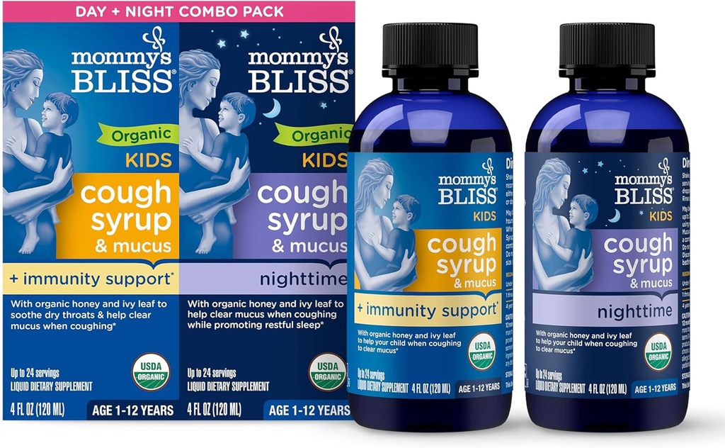 Kebahagian Kebahagiaan Ibu Batuk Organik Syrup & Musus untuk Anak-Anak, Siang dan Malam Combo Berkemas dengan Dukungan Vitamin C dan Kebal Nasional, Berisi Madu Organik dan Daun Ivy, 4 Fl Oz (Paket 2)