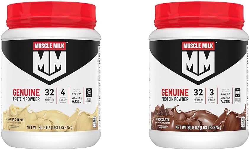 Muscle Milk Genuine Powder Bundle, Banana Crème 1.93 Pounds 12 Servings 32g Protein dan Chocolate 1.93 Pounds 12 Servis Protein 32g