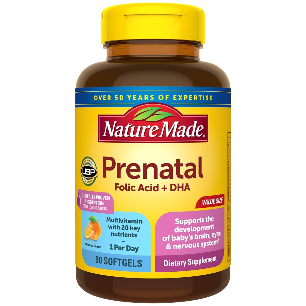 Nature Made Prenatal with Folic Acid + DHA, Prenatal Vitamin and Mineral Suplemen untuk Bantuan Nutrasi Harian, 90 Softgeels, Tambahan 90 Hari