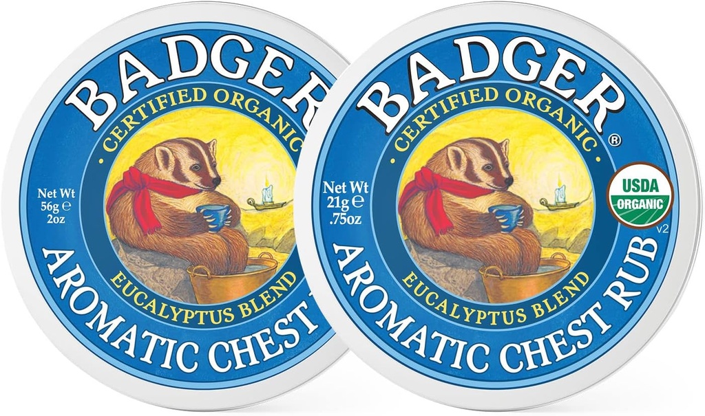 Badger - Aromatic Chest Gosok, Eucalyptus & Mint, Tersertifikasi Organik, Soothing Vapor Rub with Eucalyptus Escalyptus Oil, Baby Chest Gosok, Vapor RumbOive, 0.75 oz - 2- Pack