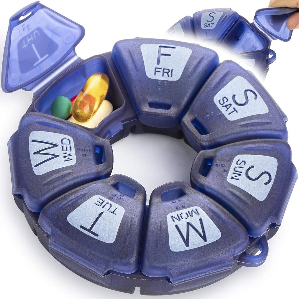 Round Weekly Pill Organizer, TPU Rubberized, Travel Pill Container 7 Day, with 7 Large Comments, Great for Daily Vitamin & Suplemen, Cute Pill Case with Large Letters and Braille (Braille)