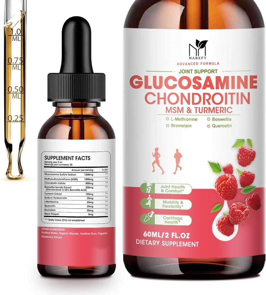 Glucosamin Chondroitin MSM Liquid Drops- w / Turmeric Boswellia Quercetin Brelain- Vegan, Antiokidant Dukungan untuk Back, Knee, Dukungan Gabungan Mendukung Dukungan Kesehatan Joints, Mobility & Cartilage