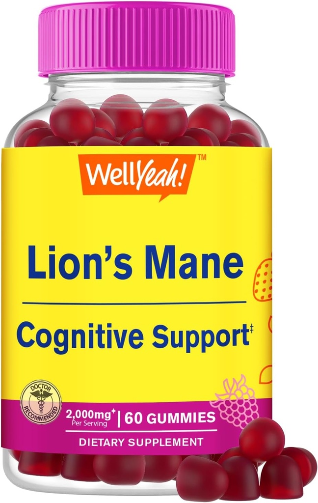 Welles Lions Mane Gummies for Dewasa (2.000mg): 124; Lions Mane Tambahan Memori dan Focuse Dukung 124; Gluten Bebas, Non GMO 124; Berry Flavor 124; Singa Mane Gummies 60 Count