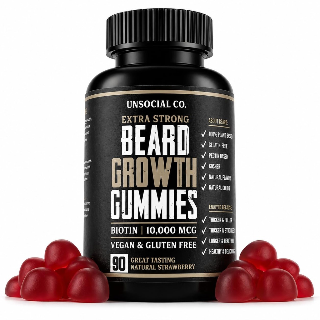 Unsocial Co. Extra Strong Beard Growth Vitamin 126; Biotin 10.000 MCG 124; Promestes Strong & Thick Factory Growth for Men 124; Beard Gummies for Men 124; Strawberry
