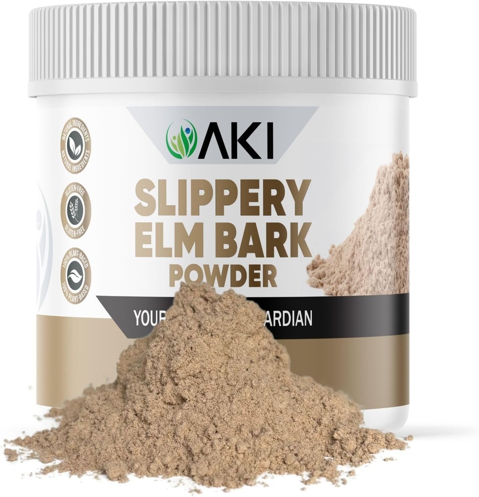 AKI Slippery Elm Bark Powder - Plant-Based Protein, Soothing Remedy for Digetical Wellness & Throat Comfort - Vegan-Friendly, Gluten- Free, Non-GMO & Free from Artificial Addits (4oz / 1113g)