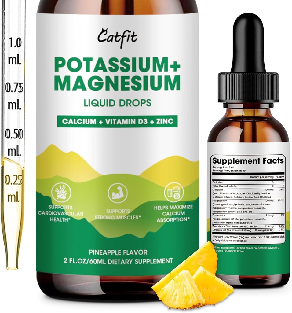 Potasium Magnesium Glycinate Suppliments-Leg Cramps, Magnesium Complex Liquid Drop dengan Kalsium, Potasium, Vitamin D3 & Zinc untuk Tidur, Kram Kaki, Muscles & Energy, Gula Free & Vegan 2 Fl Oz