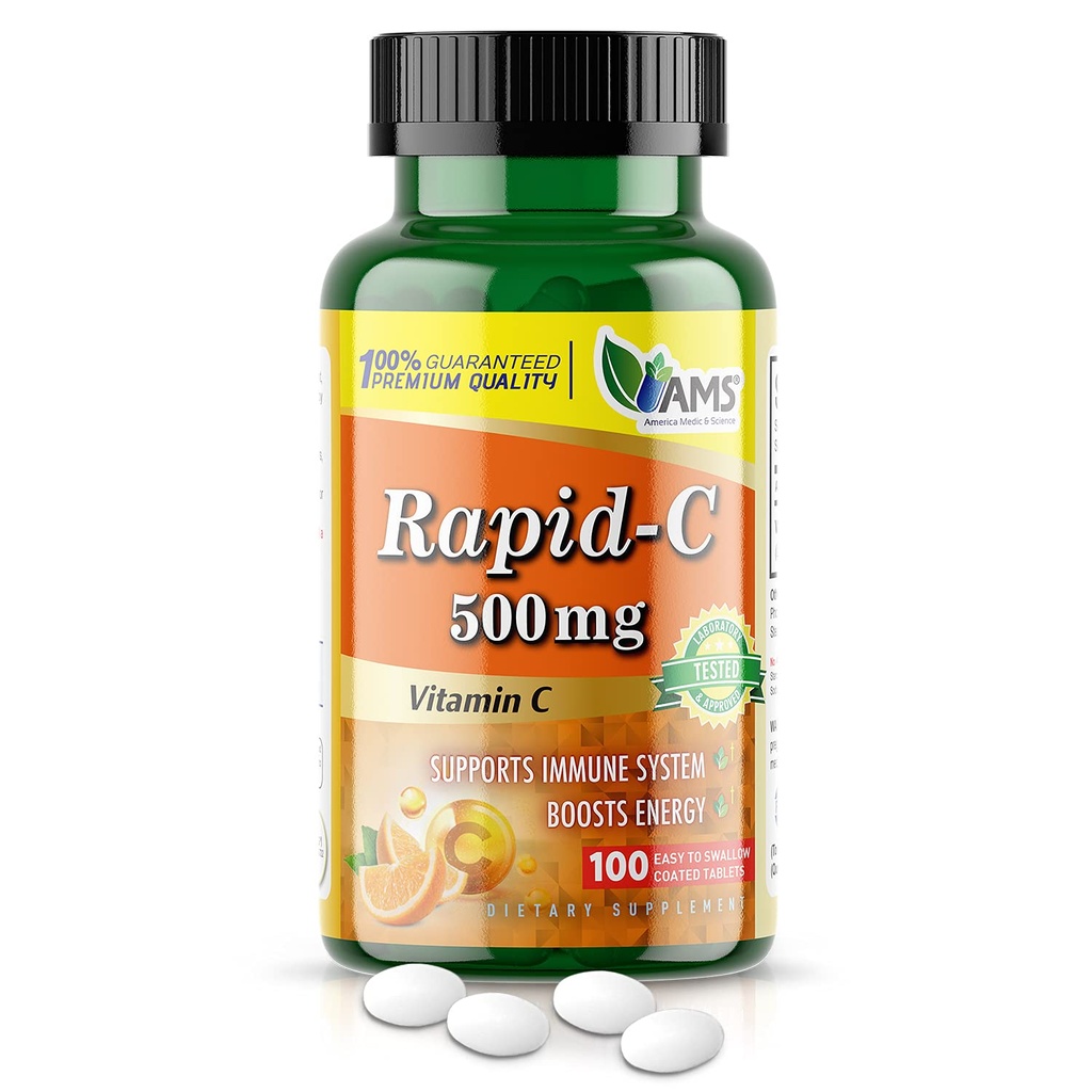 Amerika Medis & Science Rapid-C 500mg Vitamin C Tambahan (1 Paket 100 Tablet) Energi Booster, Dukungan Sistem Ammune Harian, Antioksidant 14; Vegan, Non-GMO Berlapisan Ascorbic Acid untuk Pria & Perempuan