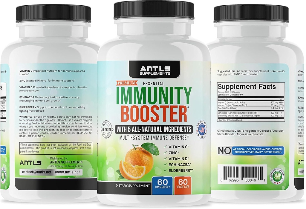 Suplemen kekebalan, Vitamin C, D3, Zinc, Elderberry, Echinacea Capsules