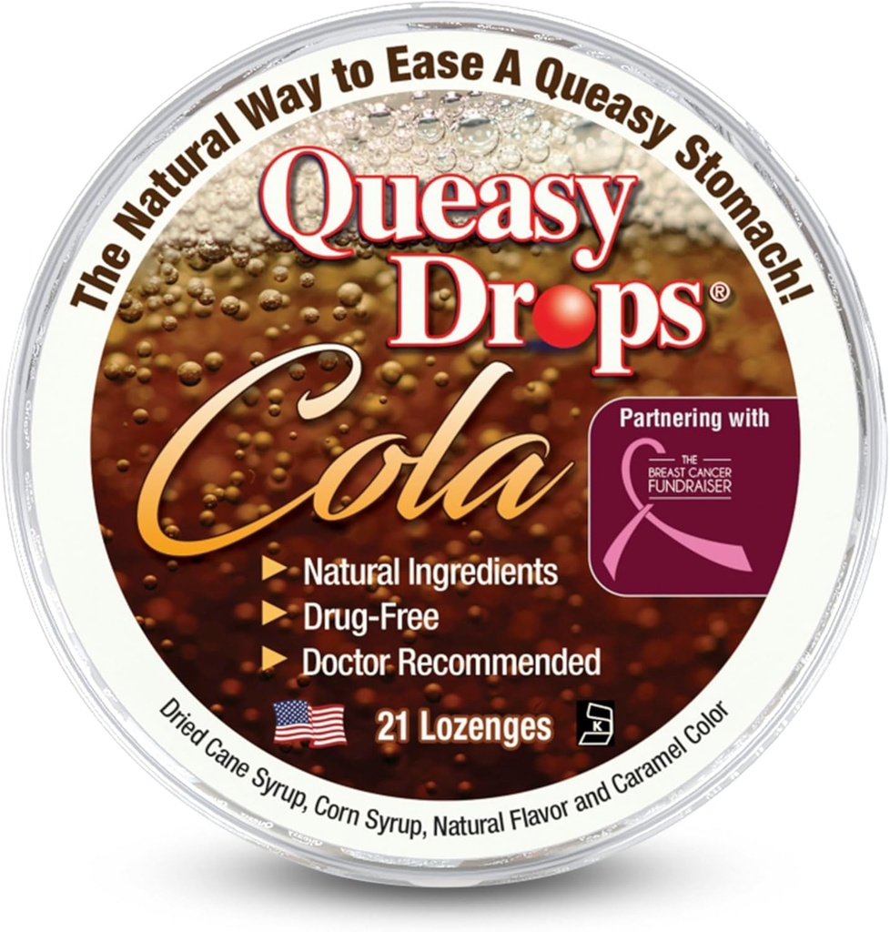 Three Lollies Queasy Drops - Cola Flavor - Relief from Nausea & Travel Sickness, Soothes a Dry Mouth & Settles Stomach - Natural Ingreations - 21 ct