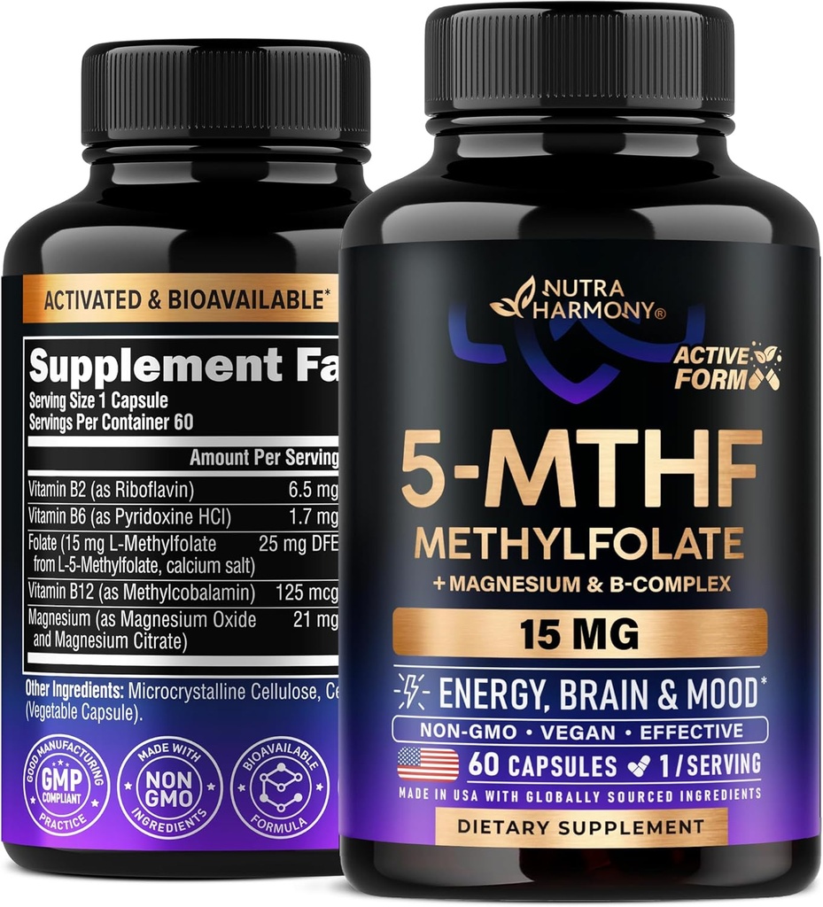NUTRAHARMONY L Methylfolat 15 mg - 5- MTHF Methylfolat Plus Metil B12, Vitamin B2 & B6, Magnesium - Dibuat di USA, 60 Capsules selama 2 Bulan